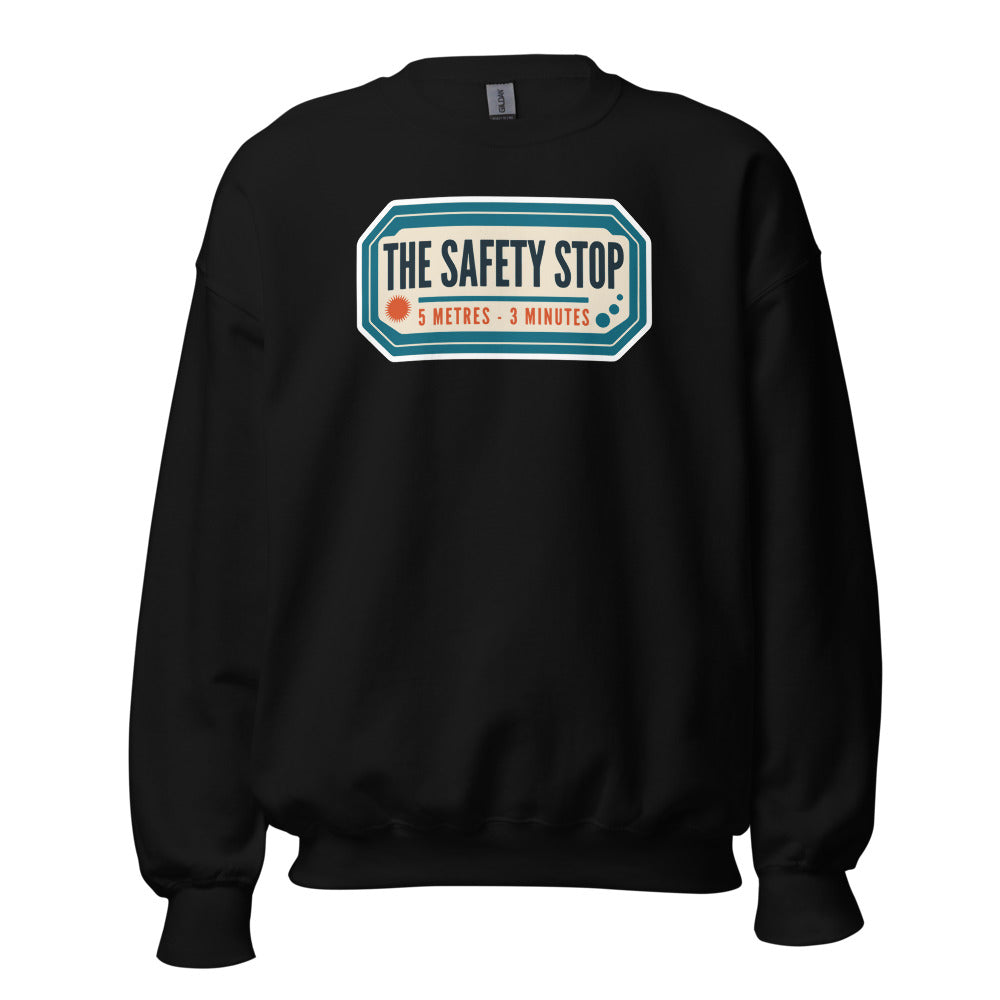 The Safety Stop vintage scuba diving travel decal sweatshirt — Black, front