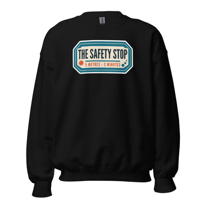 The Safety Stop vintage scuba diving travel decal sweatshirt — Black, front
