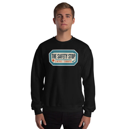 The Safety Stop vintage scuba diving travel decal sweatshirt — Black, on model