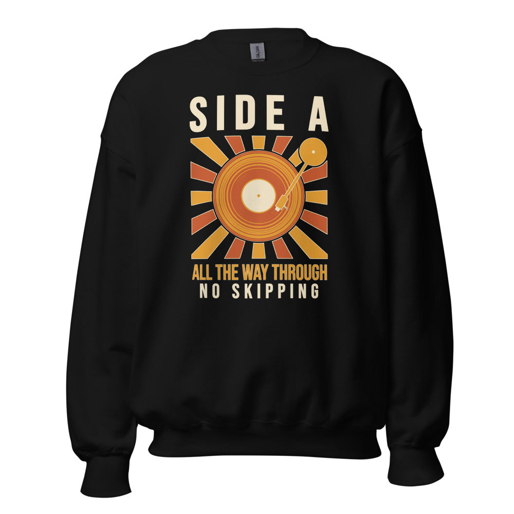 Side A No Skipping vinyl record crewneck sweatshirt — Black, front