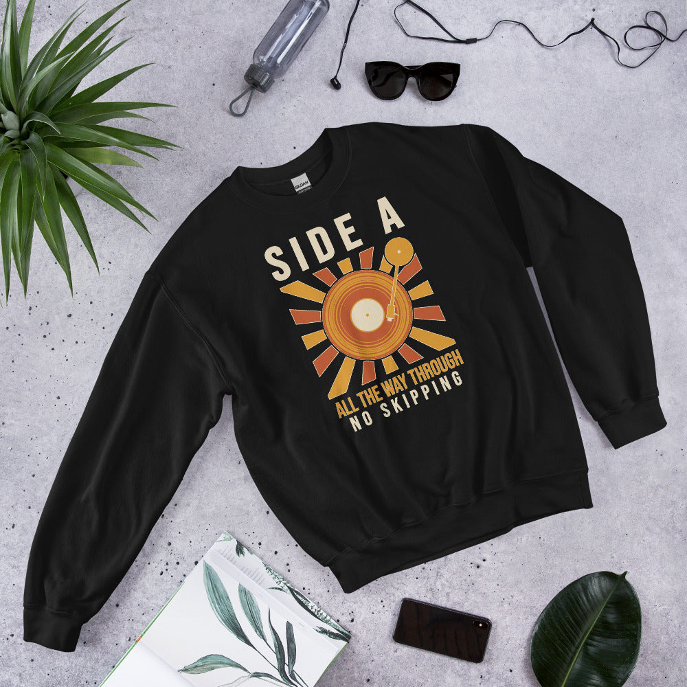 Side A No Skipping vinyl record crewneck sweatshirt — Black, flat lay