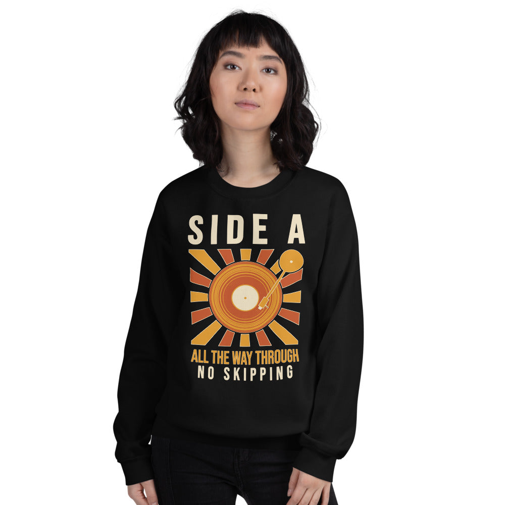 Side A No Skipping vinyl record crewneck sweatshirt — Black, on model