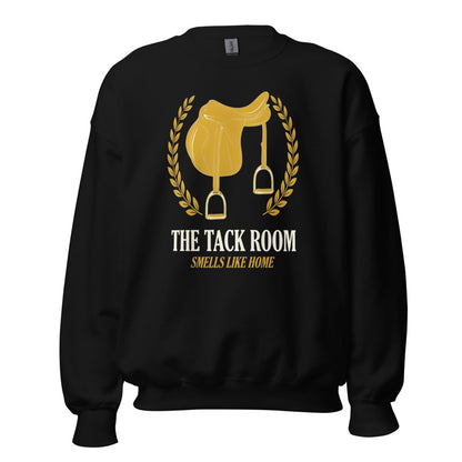 The Tack Room engraved equestrian saddle crest crewneck sweatshirt — Black, front