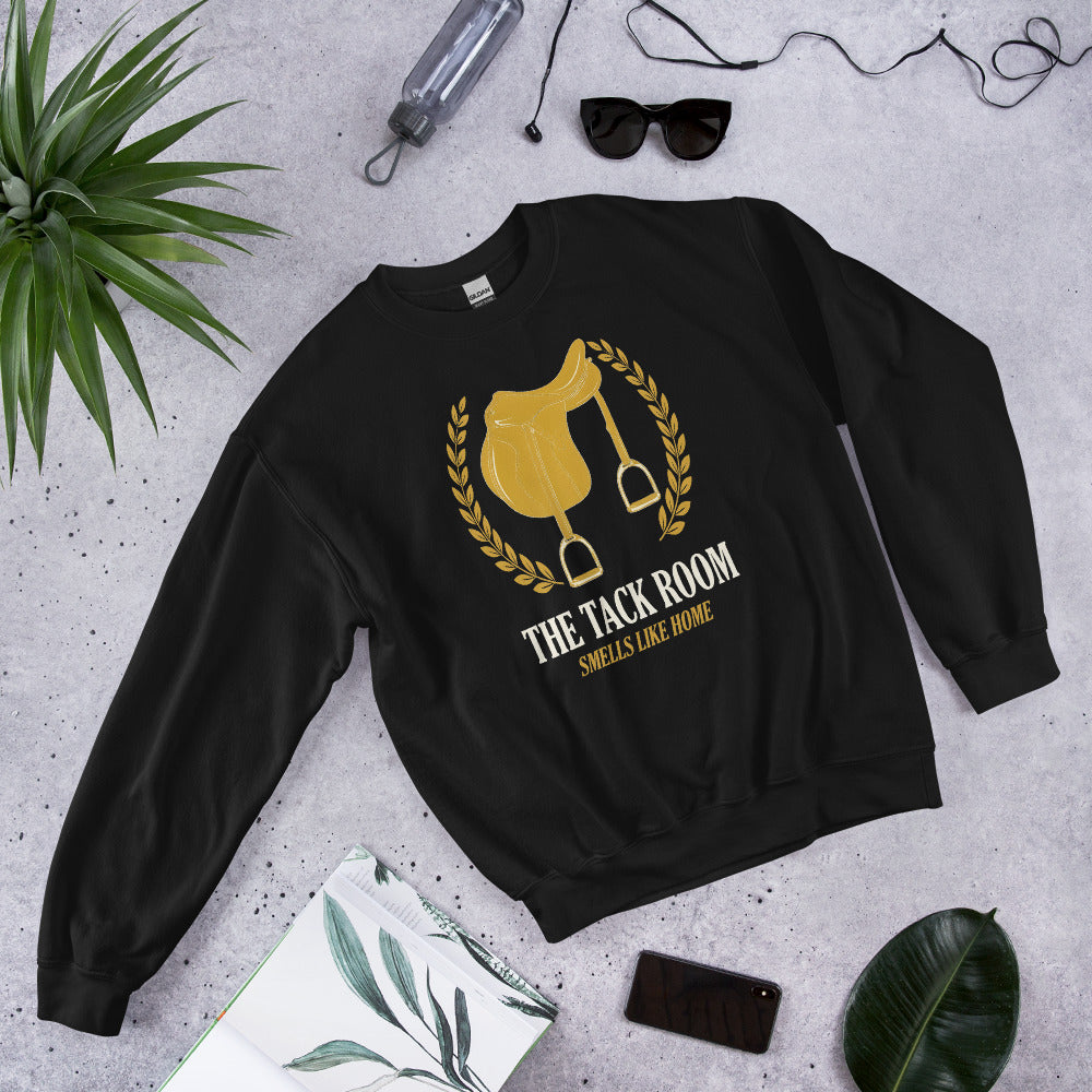 The Tack Room engraved equestrian saddle crest crewneck sweatshirt — Black, flat lay