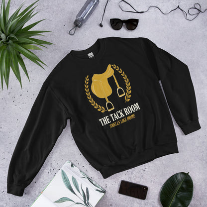 The Tack Room engraved equestrian saddle crest crewneck sweatshirt — Black, flat lay