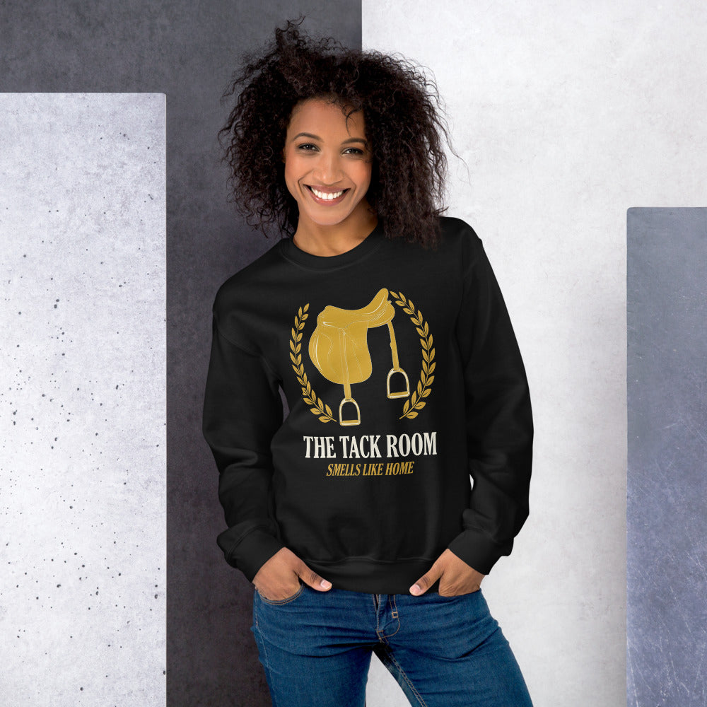 The Tack Room engraved equestrian saddle crest crewneck sweatshirt — Black, on model