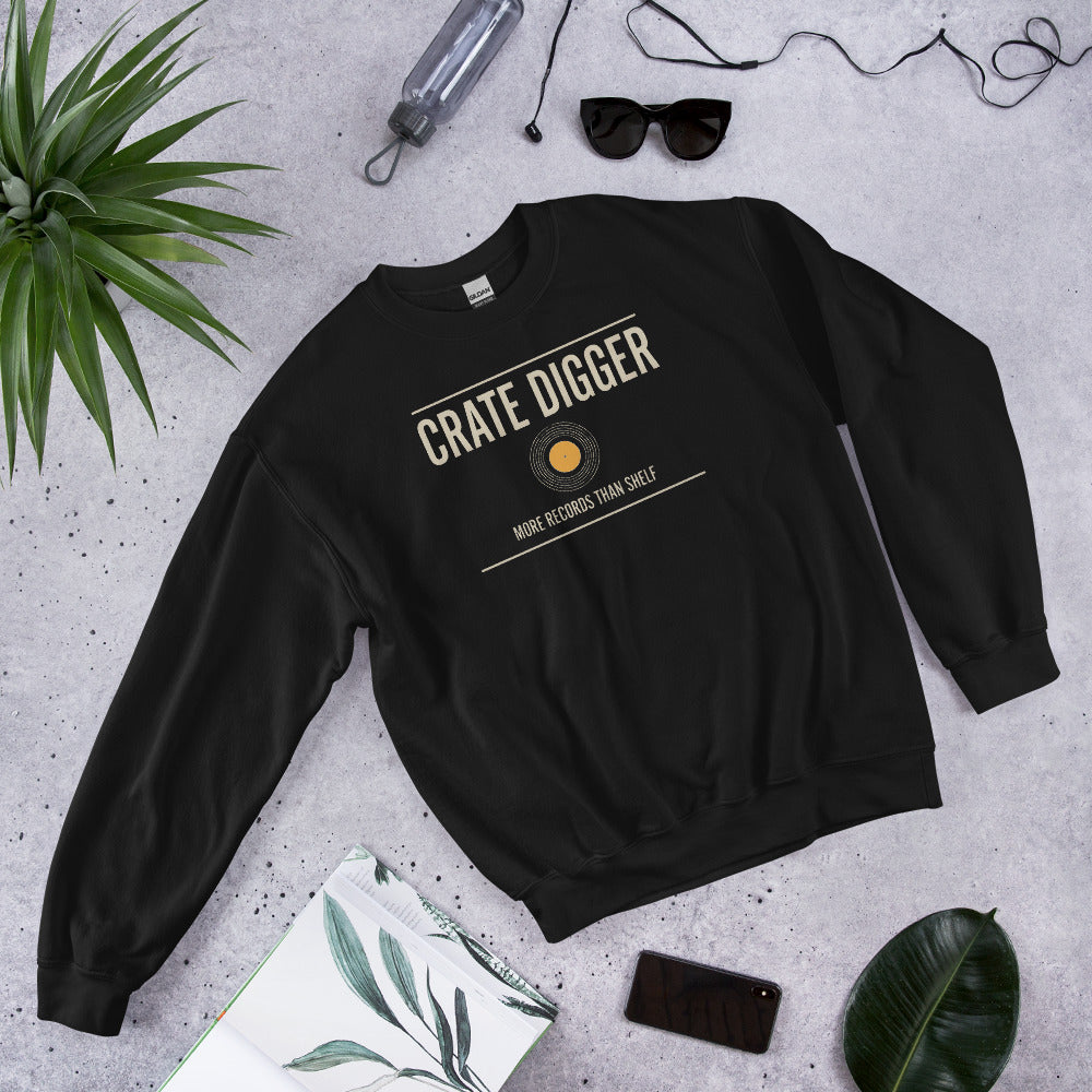 Crate Digger vinyl record crewneck sweatshirt — Black, flat lay
