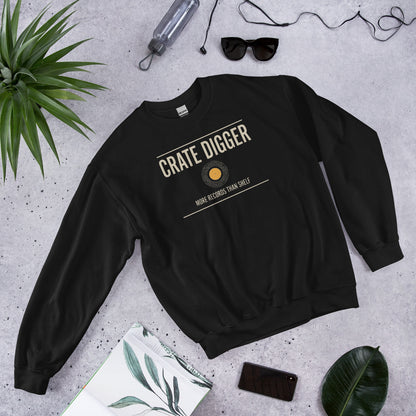 Crate Digger vinyl record crewneck sweatshirt — Black, flat lay