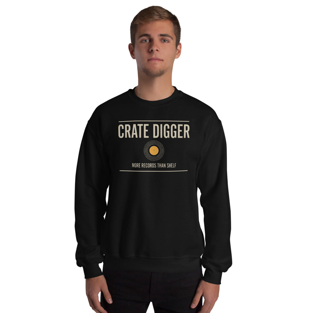 Crate Digger vinyl record crewneck sweatshirt — Black, on model