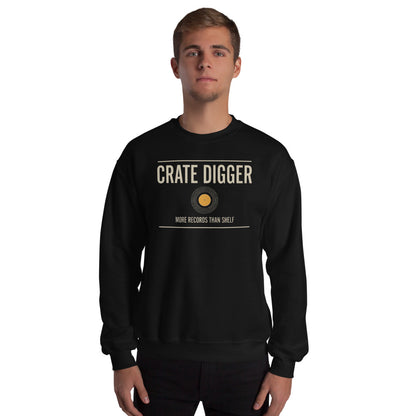 Crate Digger vinyl record crewneck sweatshirt — Black, on model