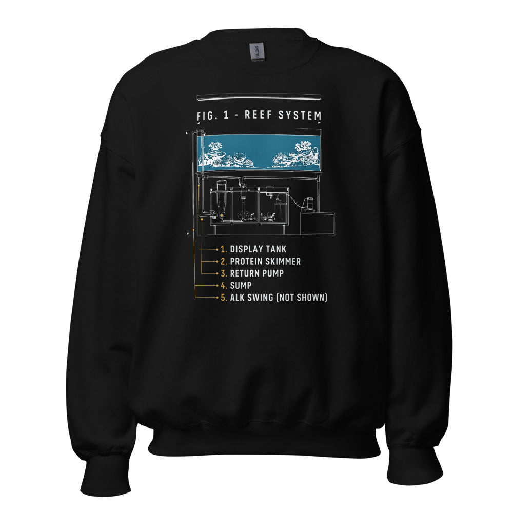 Reef System technical cutaway saltwater aquarium crewneck sweatshirt — Black, front