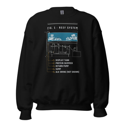Reef System technical cutaway saltwater aquarium crewneck sweatshirt — Black, front