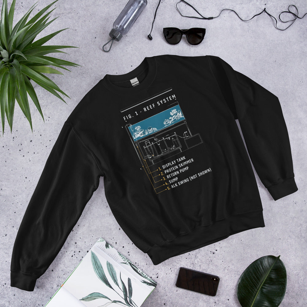 Reef System technical cutaway saltwater aquarium crewneck sweatshirt — Black, flat lay