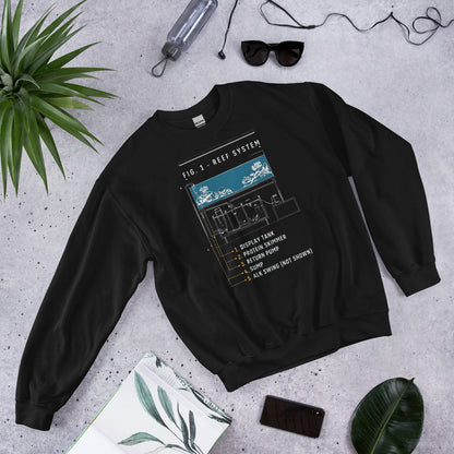 Reef System technical cutaway saltwater aquarium crewneck sweatshirt — Black, flat lay