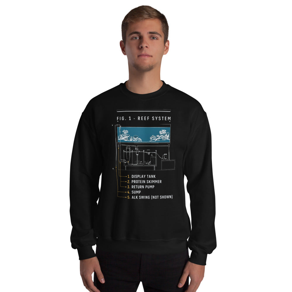 Reef System technical cutaway saltwater aquarium crewneck sweatshirt — Black, on model
