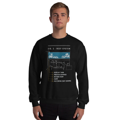 Reef System technical cutaway saltwater aquarium crewneck sweatshirt — Black, on model