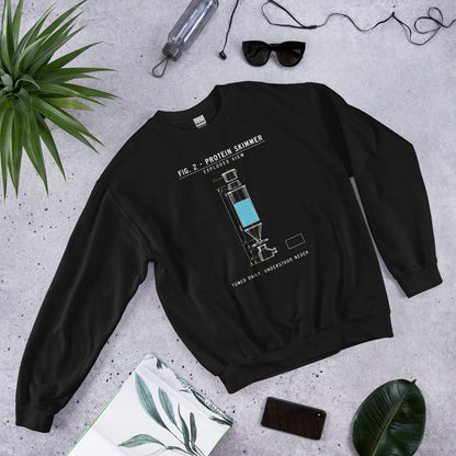 Protein Skimmer Exploded View reef tank saltwater aquarium crewneck sweatshirt — Black, flat lay