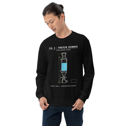 Protein Skimmer Exploded View reef tank saltwater aquarium crewneck sweatshirt — Black, on model