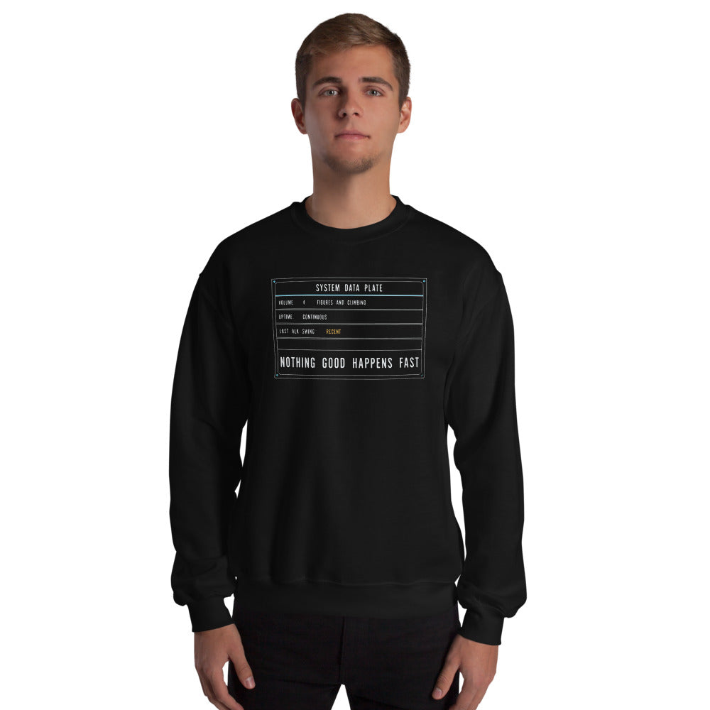 Nothing Good Happens Fast reef system data plate saltwater aquarium crewneck sweatshirt — Black, on model