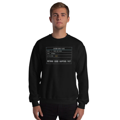 Nothing Good Happens Fast reef system data plate saltwater aquarium crewneck sweatshirt — Black, on model