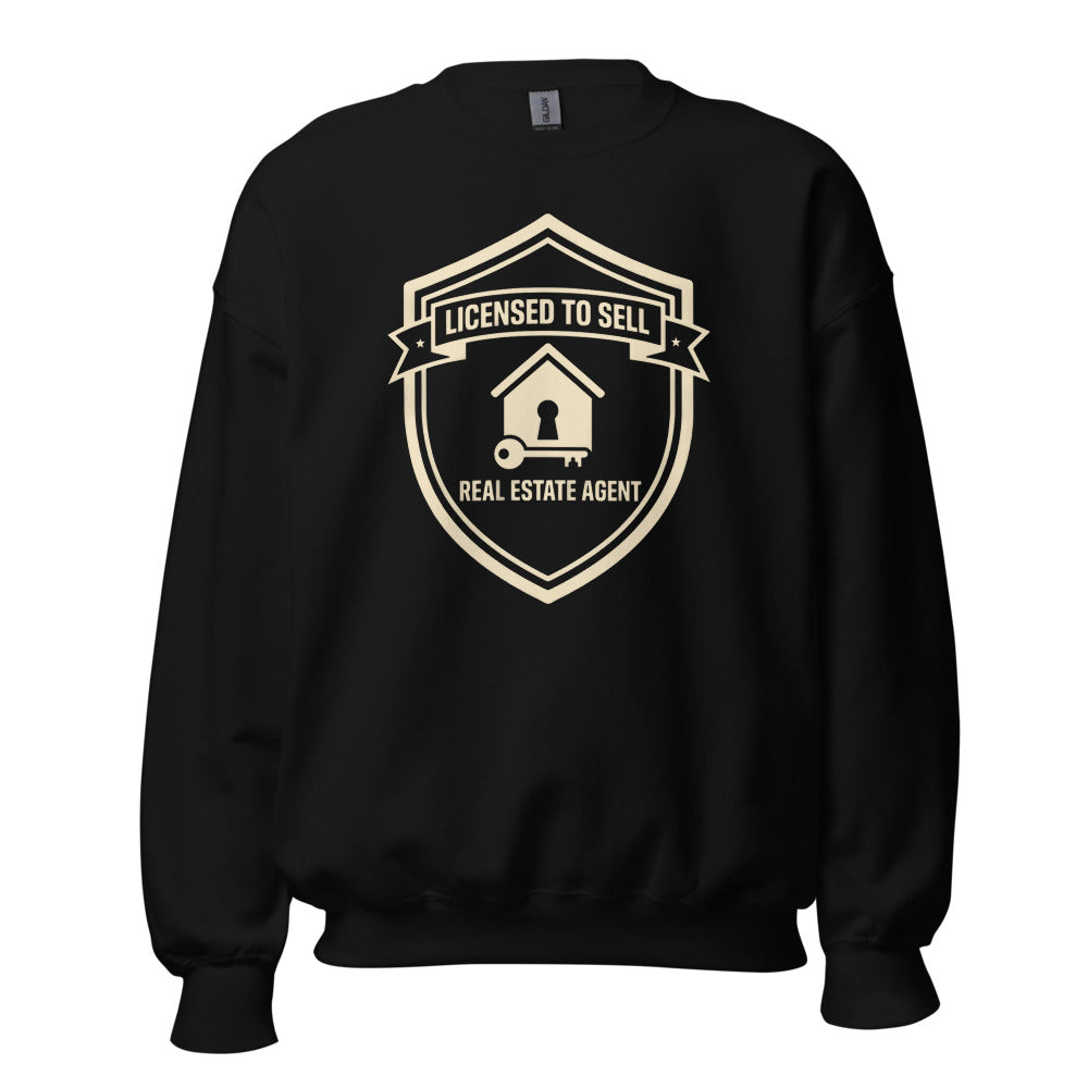 Licensed to Sell real estate agent crewneck sweatshirt — Black, front