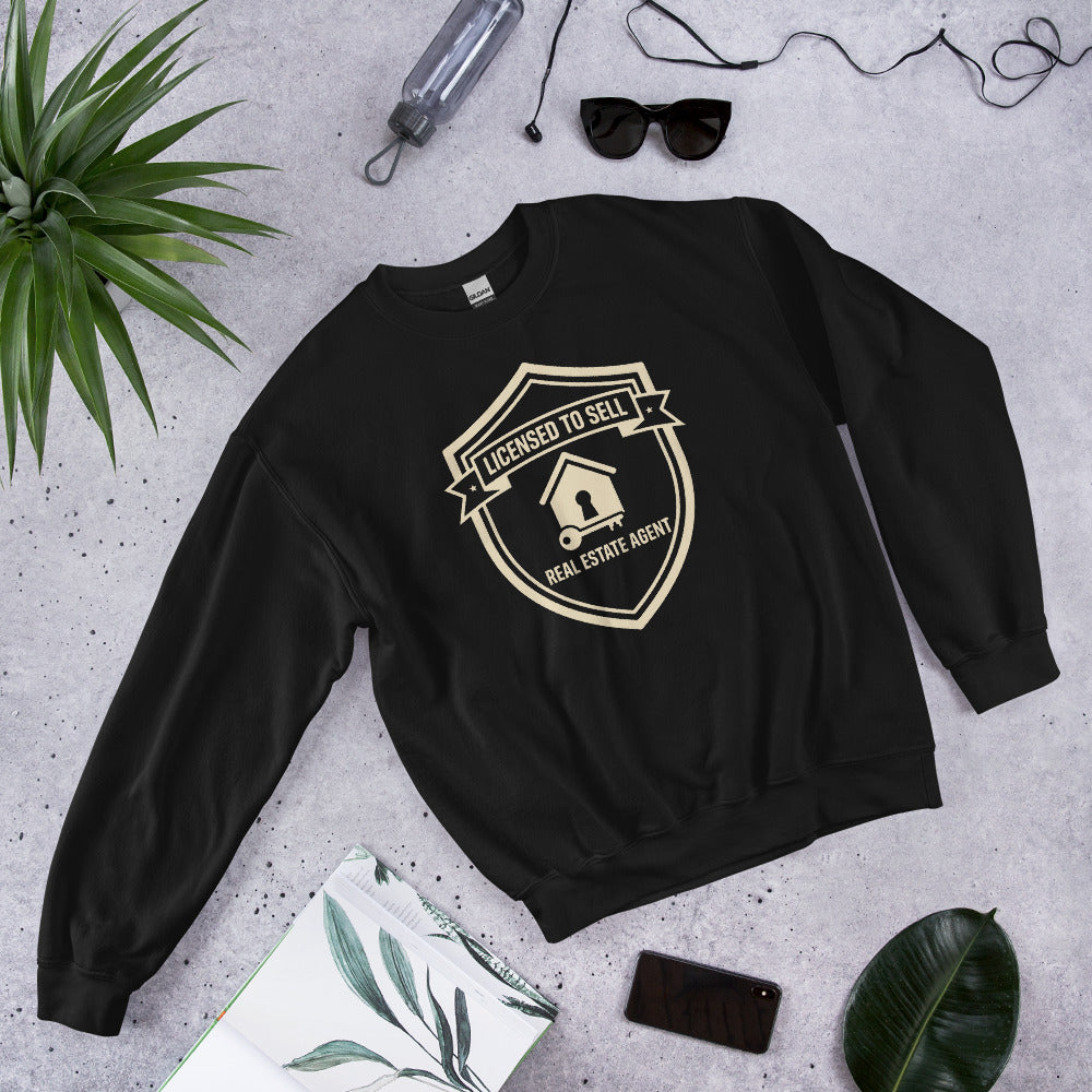 Licensed to Sell real estate agent crewneck sweatshirt — Black, flat lay