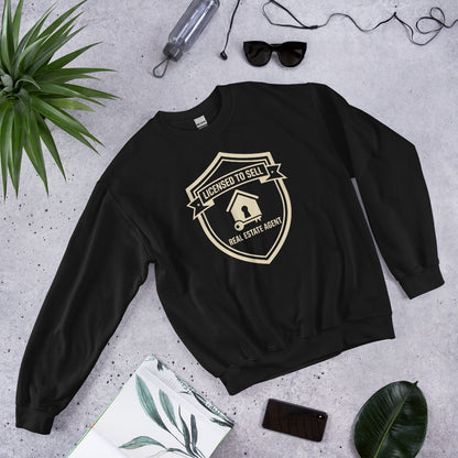 Licensed to Sell real estate agent crewneck sweatshirt — Black, flat lay