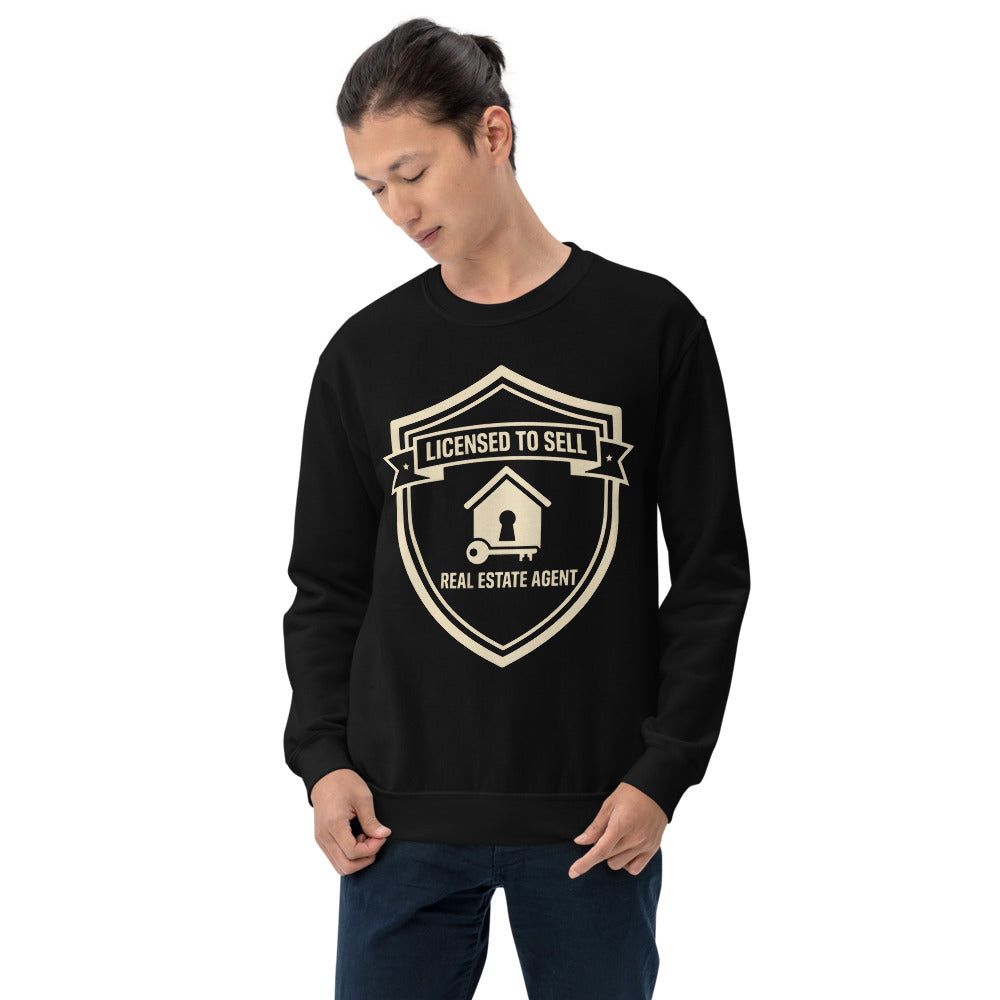 Licensed to Sell real estate agent crewneck sweatshirt — Black, on model