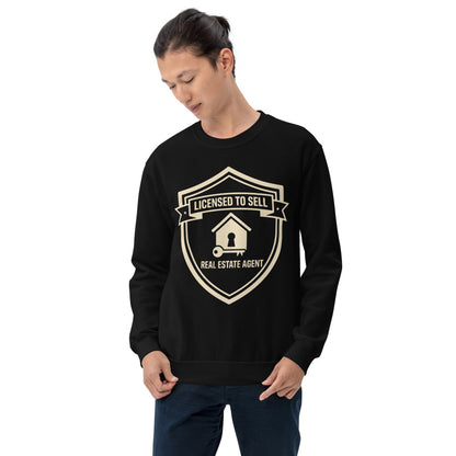 Licensed to Sell real estate agent crewneck sweatshirt — Black, on model