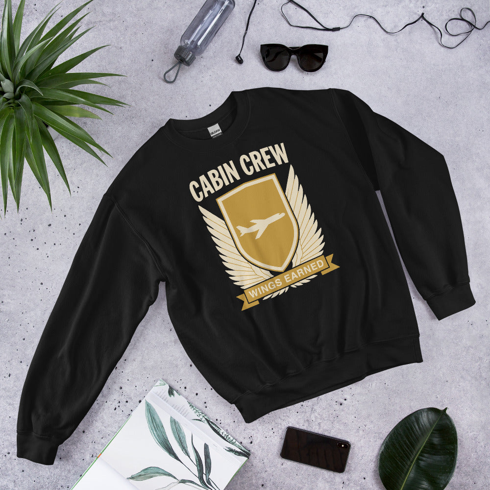 Wings Earned flight attendant crewneck sweatshirt — Black, flat lay