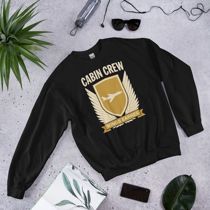 Wings Earned flight attendant crewneck sweatshirt — Black, flat lay