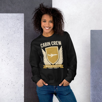 Wings Earned flight attendant crewneck sweatshirt — Black, on model
