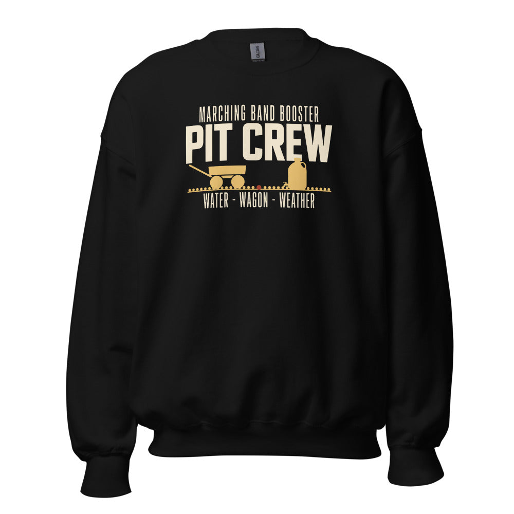 Pit Crew marching band booster crewneck sweatshirt — Black, front