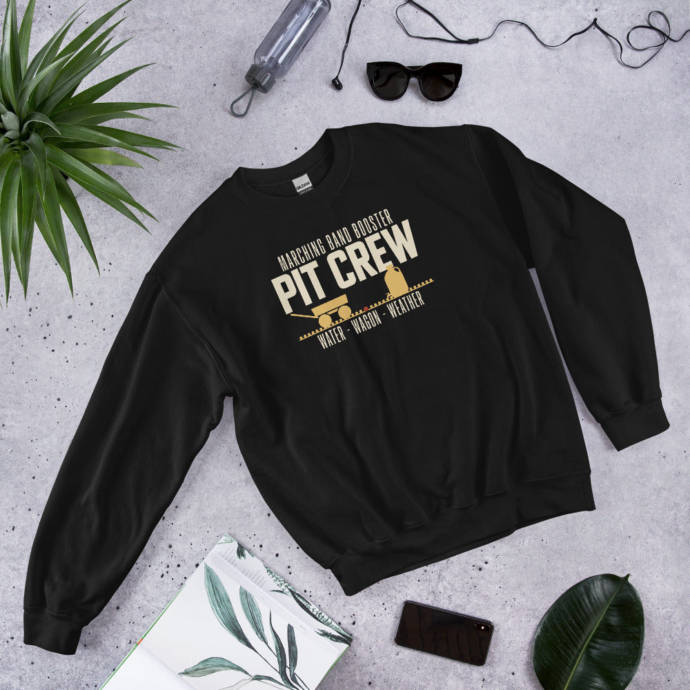 Pit Crew marching band booster crewneck sweatshirt — Black, flat lay