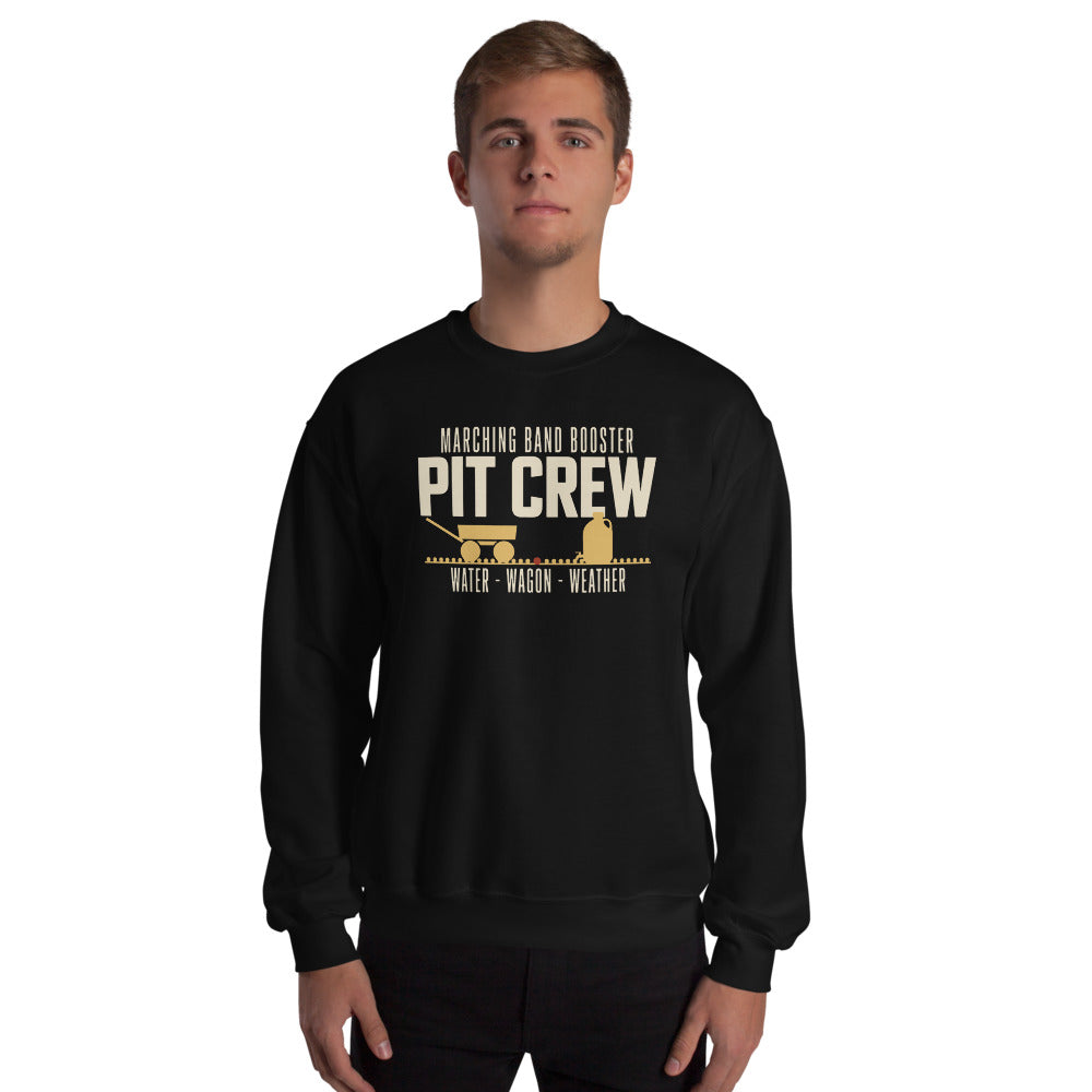 Pit Crew marching band booster crewneck sweatshirt — Black, on model