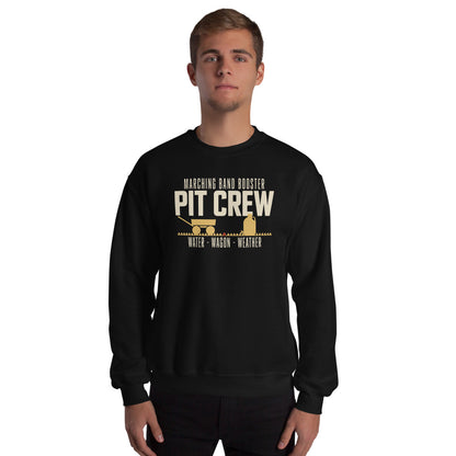 Pit Crew marching band booster crewneck sweatshirt — Black, on model