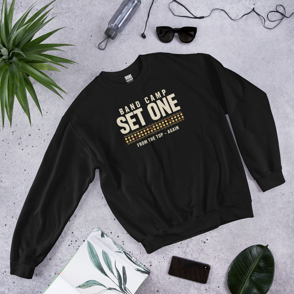 Set One marching band drill chart crewneck sweatshirt — Black, flat lay
