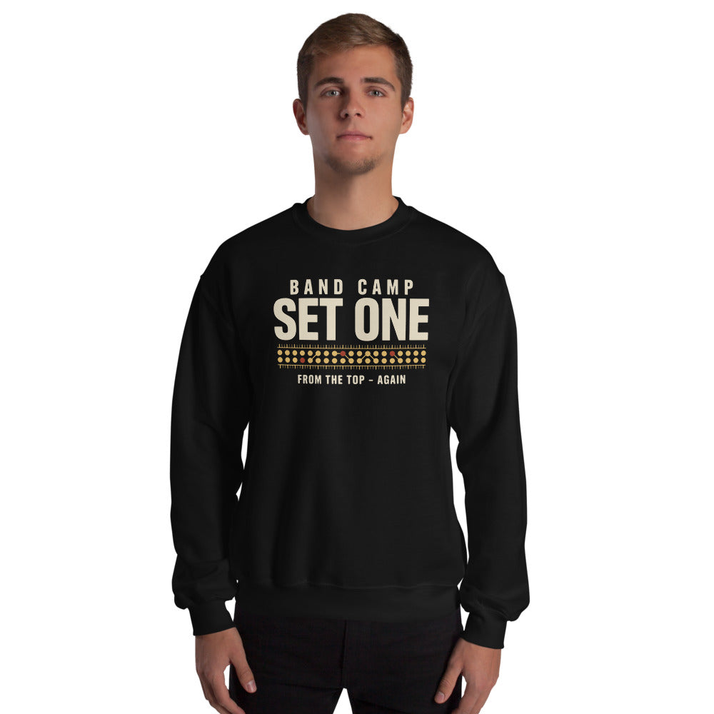 Set One marching band drill chart crewneck sweatshirt — Black, on model