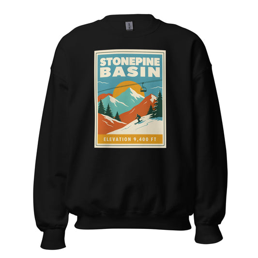 Stonepine Basin vintage ski resort crewneck sweatshirt — Black, front