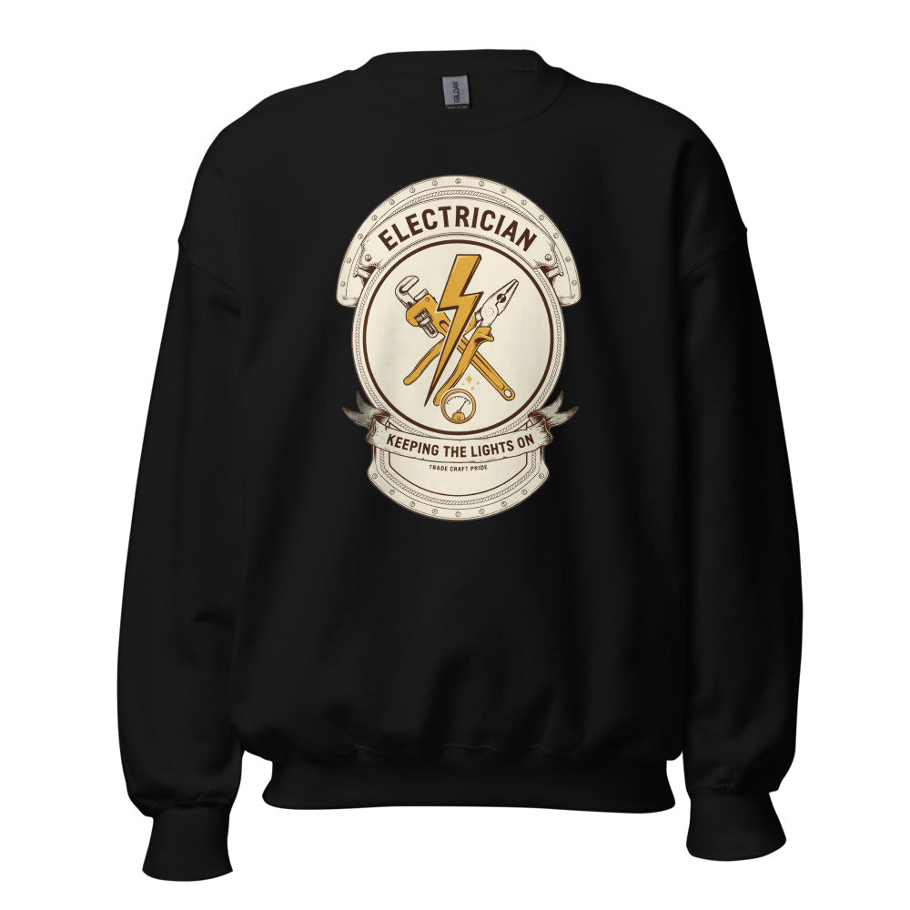 Electrician Journeyman trade crest crewneck — Black, front