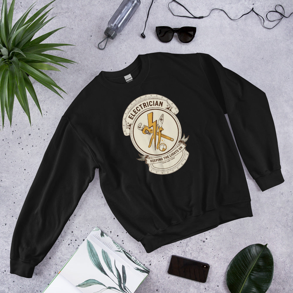 Electrician Journeyman trade crest crewneck — Black, flat lay