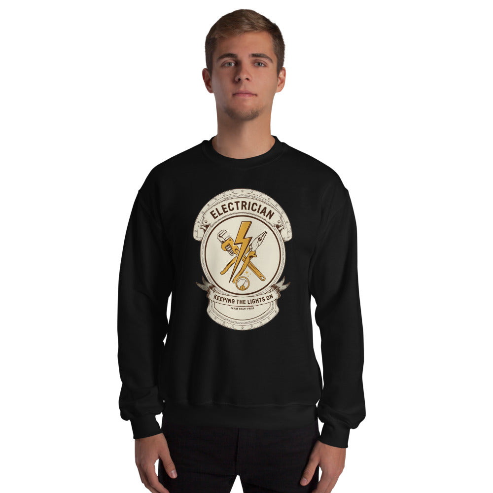Electrician Journeyman trade crest crewneck — Black, on model
