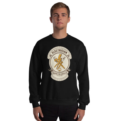 Electrician Journeyman trade crest crewneck — Black, on model
