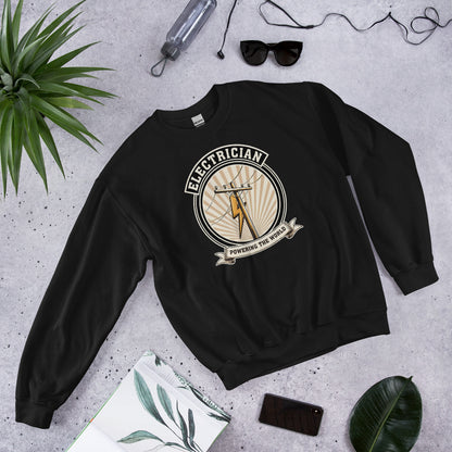 Powering The World electrician emblem crewneck — Black, flat lay