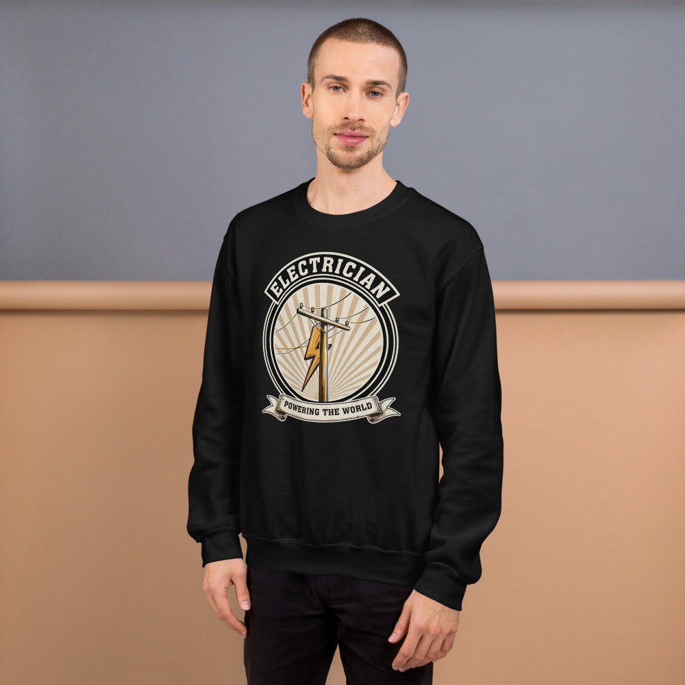 Powering The World electrician emblem crewneck — Black, on model