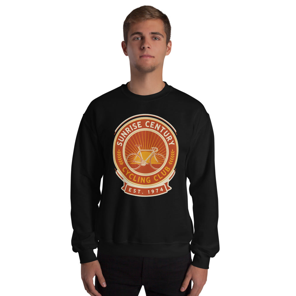 Sunrise Century C.C. retro cycling club badge crewneck — Black, on model