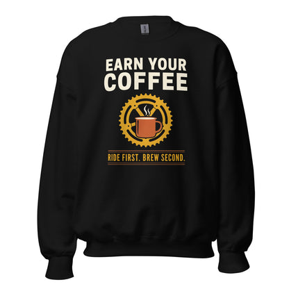 Earn Your Coffee retro cycling coffee crewneck — Black, front