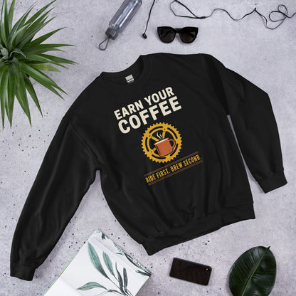 Earn Your Coffee retro cycling coffee crewneck — Black, flat lay