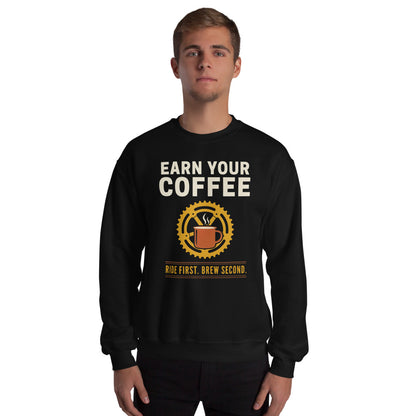 Earn Your Coffee retro cycling coffee crewneck — Black, on model
