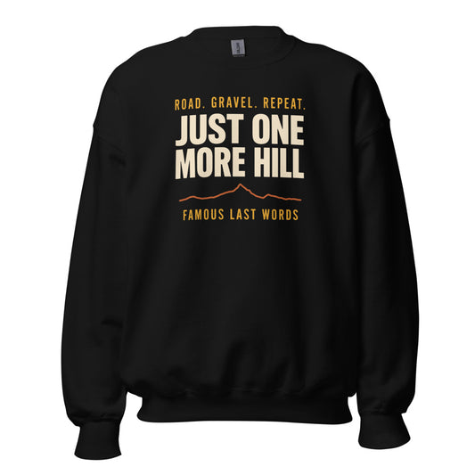 Just One More Hill retro cycling climb crewneck — Black, front